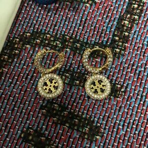 Tory Burch Gold Crystal Hoop Earrings With iconic double-T logo Chaem NWT